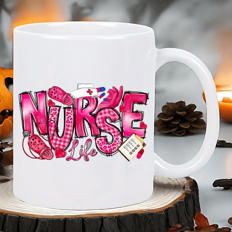 Tailorly White Ceramic 11 oz Mug - Nurse Life Pink Textured Letters Decorated With Medical Icons And Professional Equipment Mug