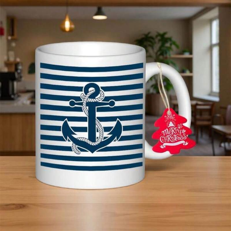 Tailorly White Ceramic 11 oz Mug - Merry Christmas Navy Blue Nautical Stripes Behind A Classic Marine Rope Wrapped Anchor