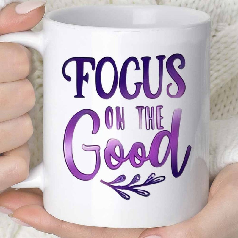Tailorly White Ceramic 11 oz Mug - Focus On The Good Minimalist Purple Branch And Decorative Leaves Positioned Under Stylized Script Mug