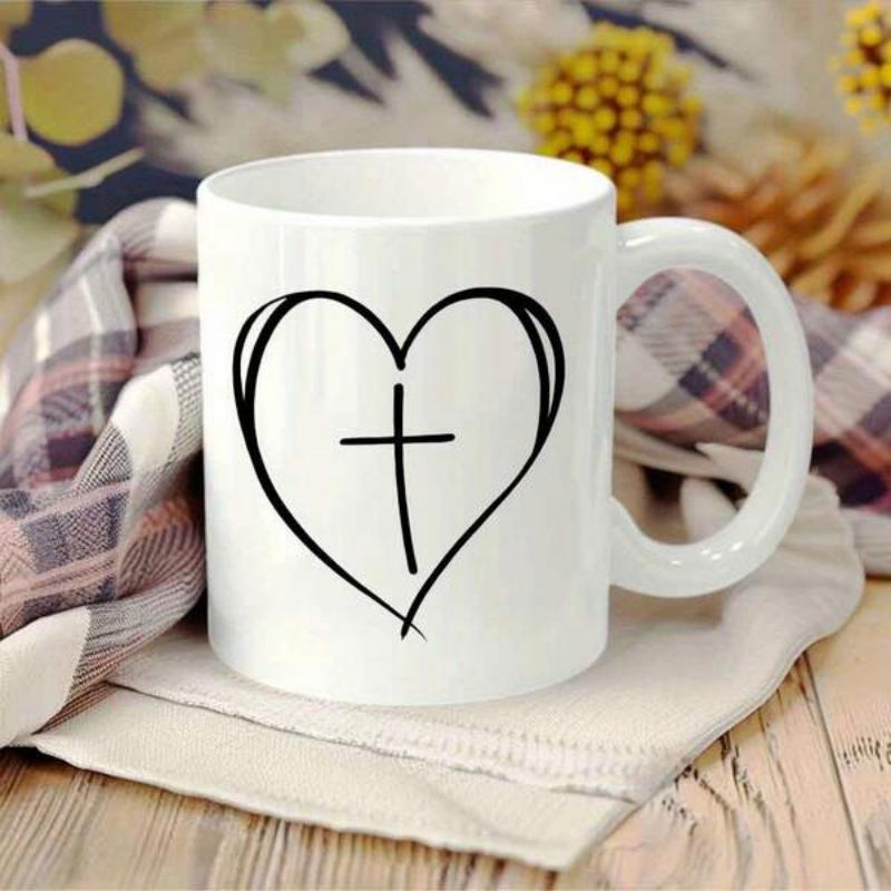 Tailorly White Ceramic 11 oz Mug - Minimalist Hand Drawn Heart Outline With A Delicate Christian Cross