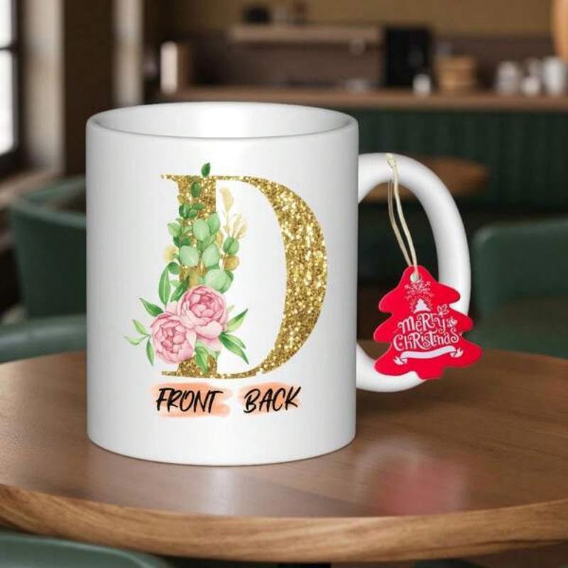 Tailorly White Ceramic 11 oz Mug - Front Back Merry Christmas Golden Glitter Letter D With Pink Roses And Green Foliage Mug