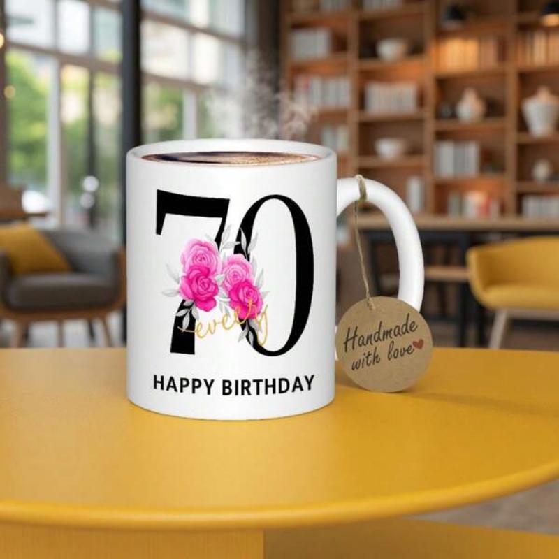 Tailorly White Ceramic 11 oz Mug - Happy Birthday Lovely Large Black Numbered Seventy Adorned With Pink Blooming Roses Mug