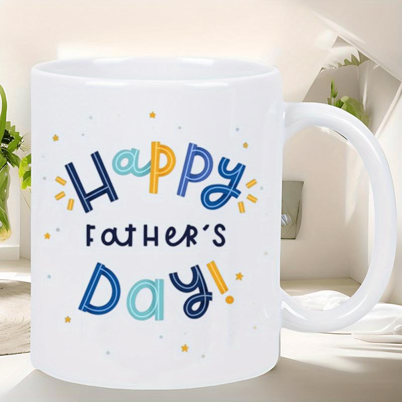 Tailorly White Ceramic 11 oz Mug - Happy Father's Day Vibrant Festive Typography Decorated With Minimalist Stars And Small Colorful Polka Dots Lettering