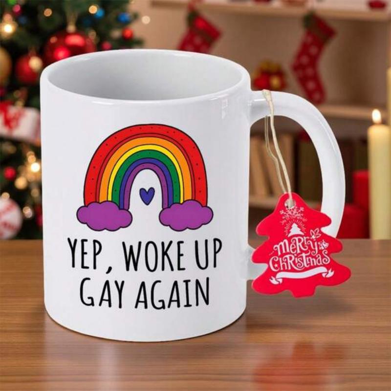 Tailorly White Ceramic 11 oz Mug - Yep Woke Up Gay Again Vibrant Colorful Arches Emerging From Soft Purple Clouds Rainbow