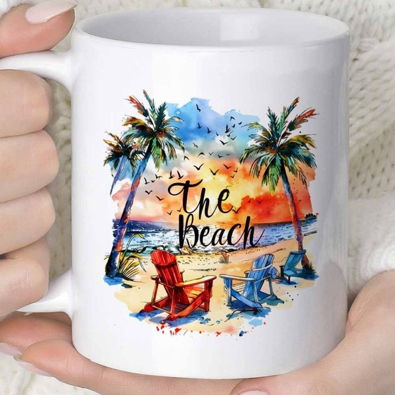 Tailorly White Ceramic 11 oz Mug - The Beach Tropical Palm Trees And Sunset Over Ocean With Relaxing Coastal Chairs Beach