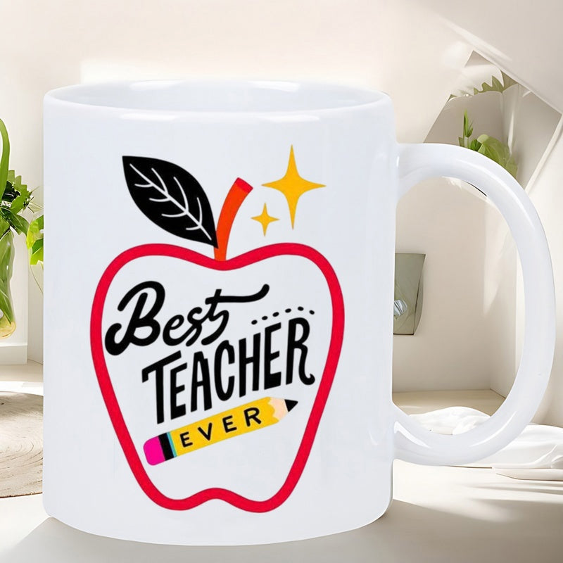 Tailorly White Ceramic 11 oz Mug - Best Teacher Ever Red Outlined Fruit Featuring School Pencil And Shining Golden Stars Apple