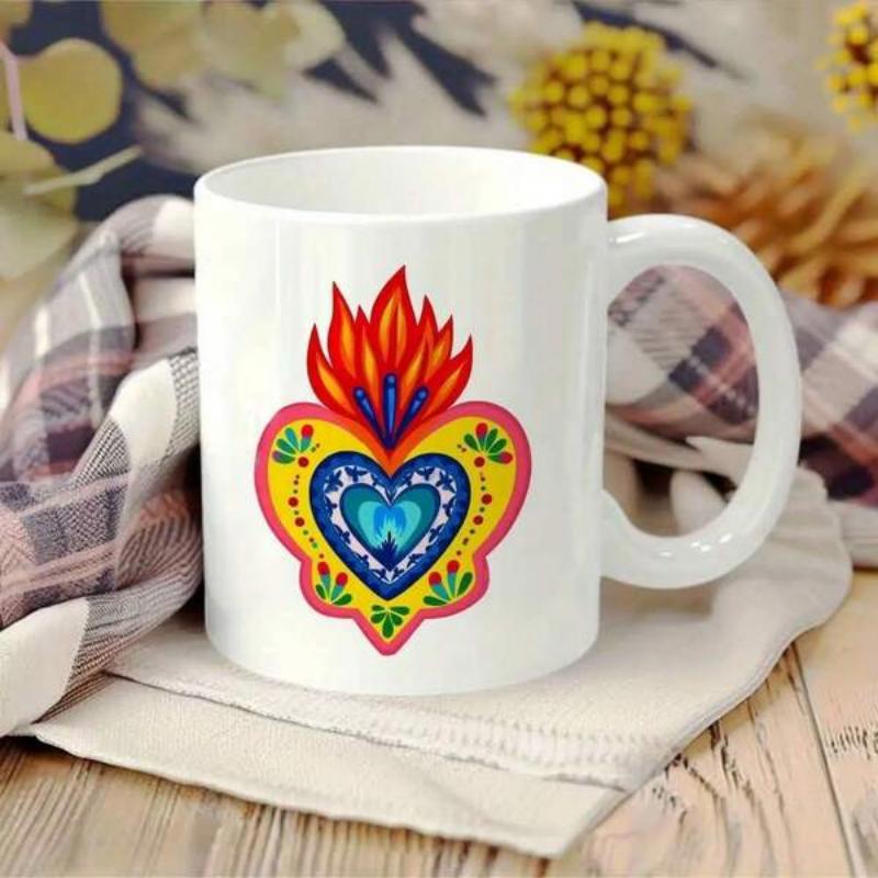 Tailorly White Ceramic 11 oz Mug - Vibrant Colorful Traditional Mexican Style Flaming Pattern With Ornamental Decorative Elements Sacred Heart