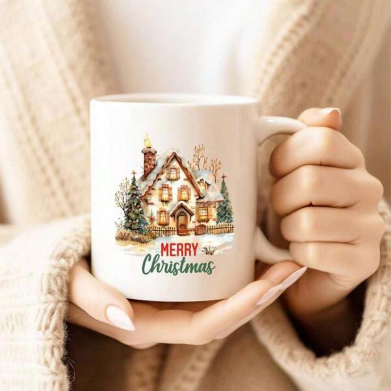 Tailorly White Ceramic 11 oz Mug - Merry Christmas Cozy Winter Cottage With Snowy Pine Trees In A Festive Atmosphere House