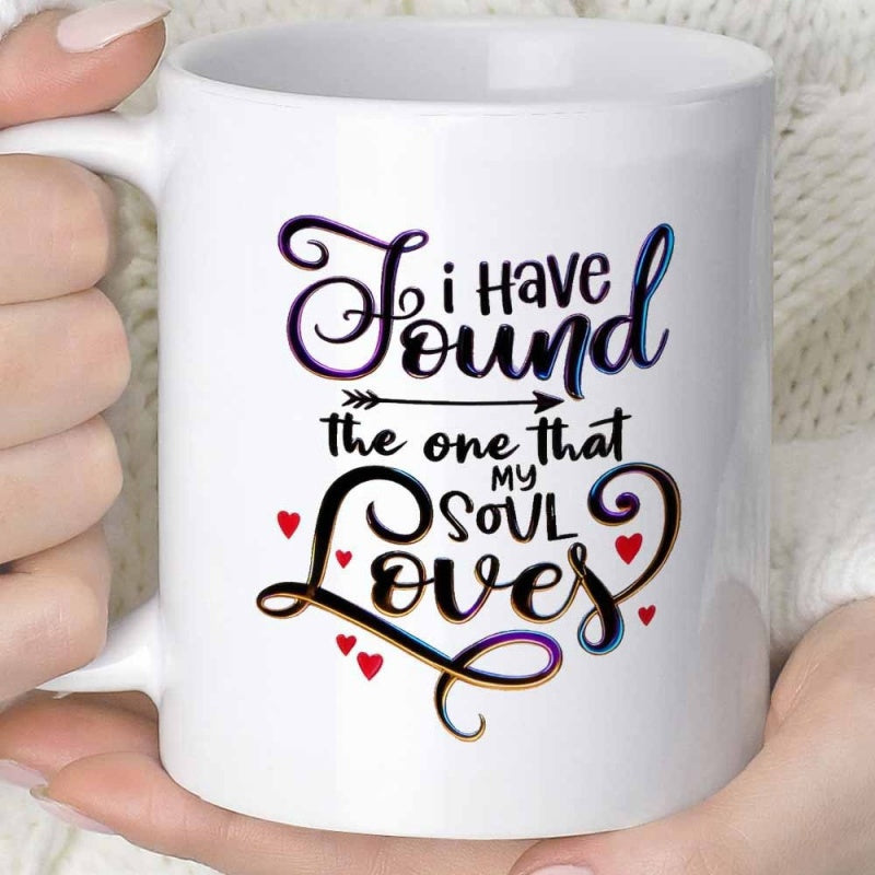 Tailorly White Ceramic 11 oz Mug - I Have Found The One That My Soul Loves Artistic Script Text With Simple Black Arrow And Small Red Hearts Heart