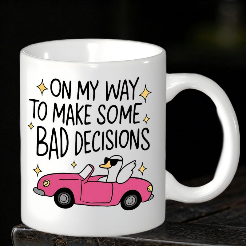 Tailorly White Ceramic 11 oz Mug - On My Way To Make Some Bad Decisions Humorous Goose Wearing Sunglasses Driving A Pink Convertible Among Golden Sparkles Goose