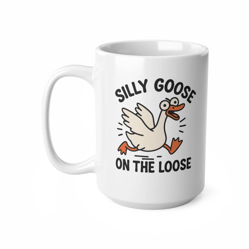 Tailorly White Ceramic 11 oz Mug - Silly Goose On The Loose Frantic Cartoon Bird Running With Wings Spread And Wide Bulging Eyes Goose