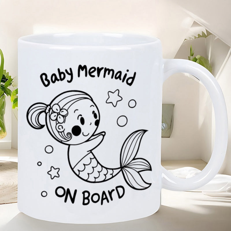 Tailorly White Ceramic 11 oz Mug - Baby Mermaid On Board Adorable Hand Drawn Character Swimming Among Tiny Stars And Bubbles Mermaid