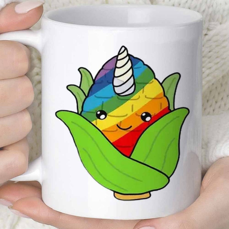 Tailorly White Ceramic 11 oz Mug - Vibrant Rainbow Colored Vegetable Featuring A Magical White Twisted Horn Corn