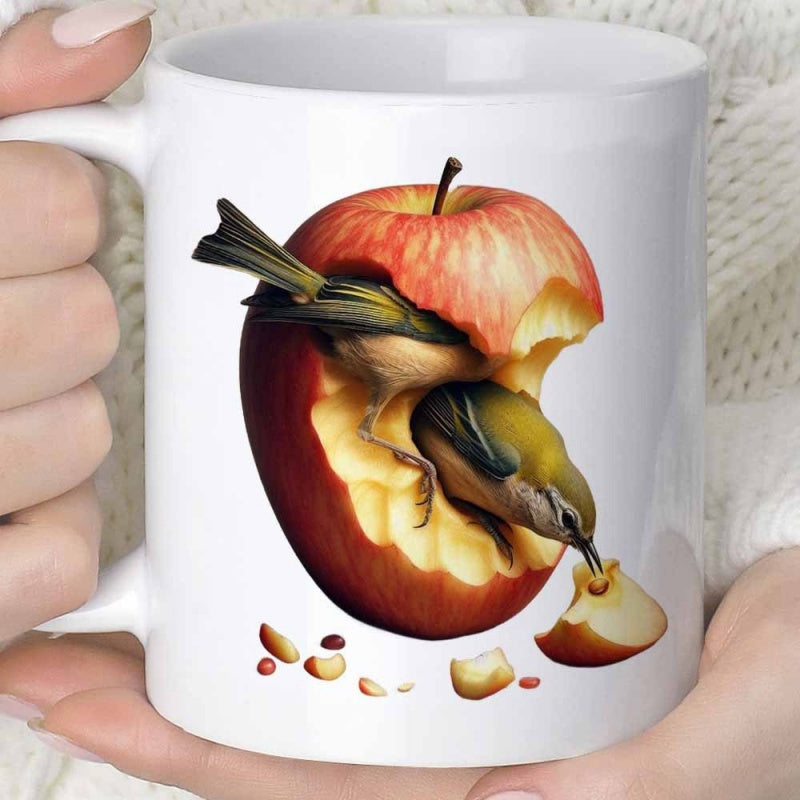 Tailorly White Ceramic 11 oz Mug - Realistic Little Songbird Peeking Out From Within A Large Ripe Red Apple Bird