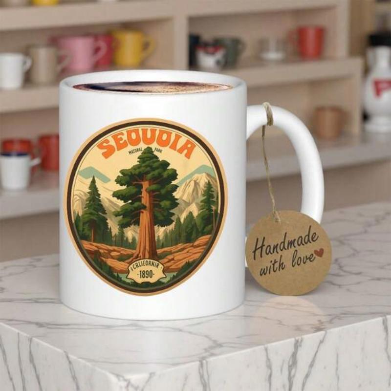 Tailorly White Ceramic 11 oz Mug - Sequoia Vintage Circle Badge Featuring Tall Redwood Trees Among Majestic Scenic Mountains Tree