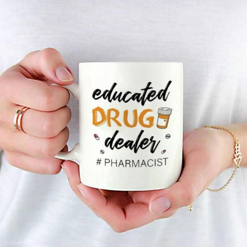 Tailorly White Ceramic 11 oz Mug - Educated Drug Dealer Pharmacist Simple Medicine Bottle With Various Tiny Pills On Smooth Surface Mug