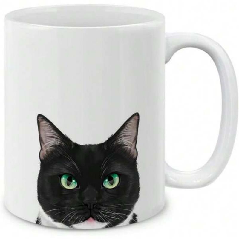 Tailorly White Ceramic 11 oz Mug - Majestic Black And White Tuxedo Looking Forward With Glowing Green Eyes Cat