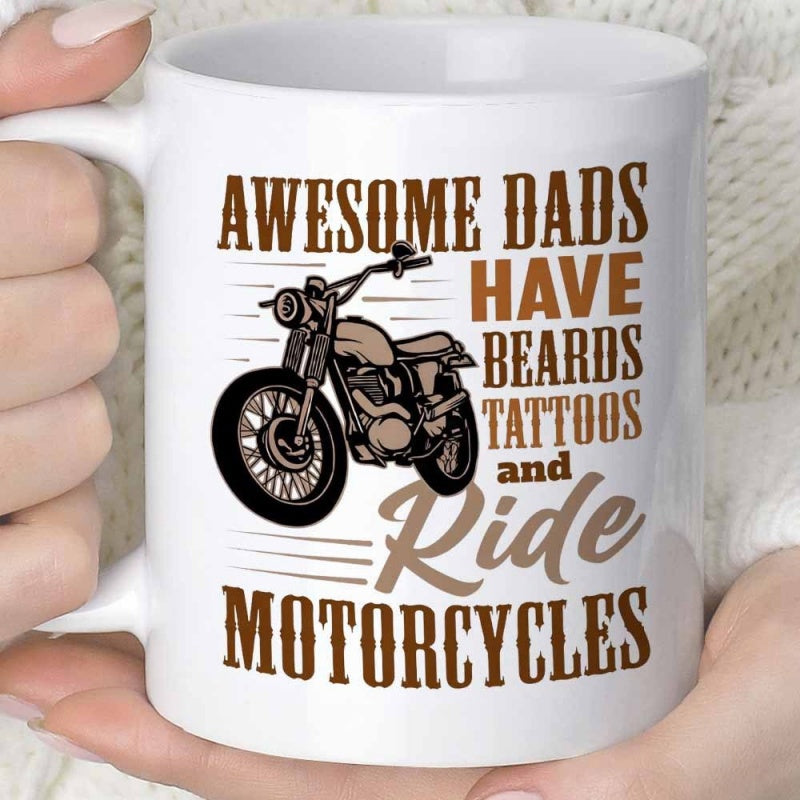 Tailorly White Ceramic 11 oz Mug - Awesome Dads Have Beards Tattoos And Ride Motorcycles Detailed Hand Drawn Illustration Of A Vintage Cruiser Motorcycle