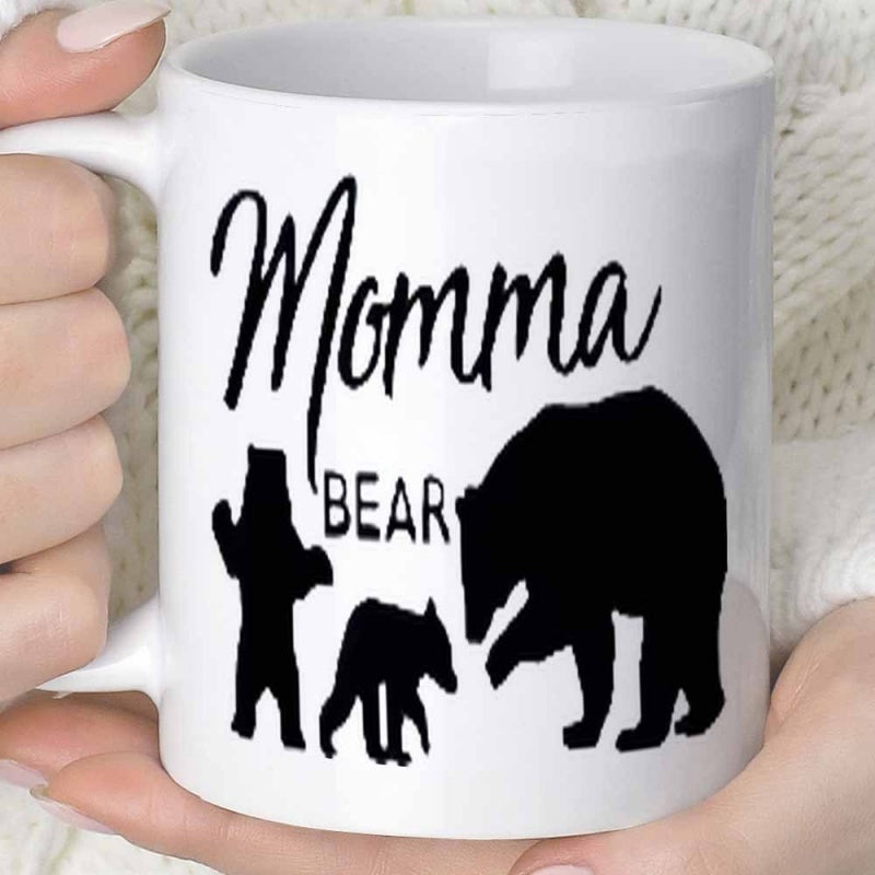 Tailorly White Ceramic 11 oz Mug - Momma Bear Silhouette Of Protective Mother With Her Two Cubs Bear