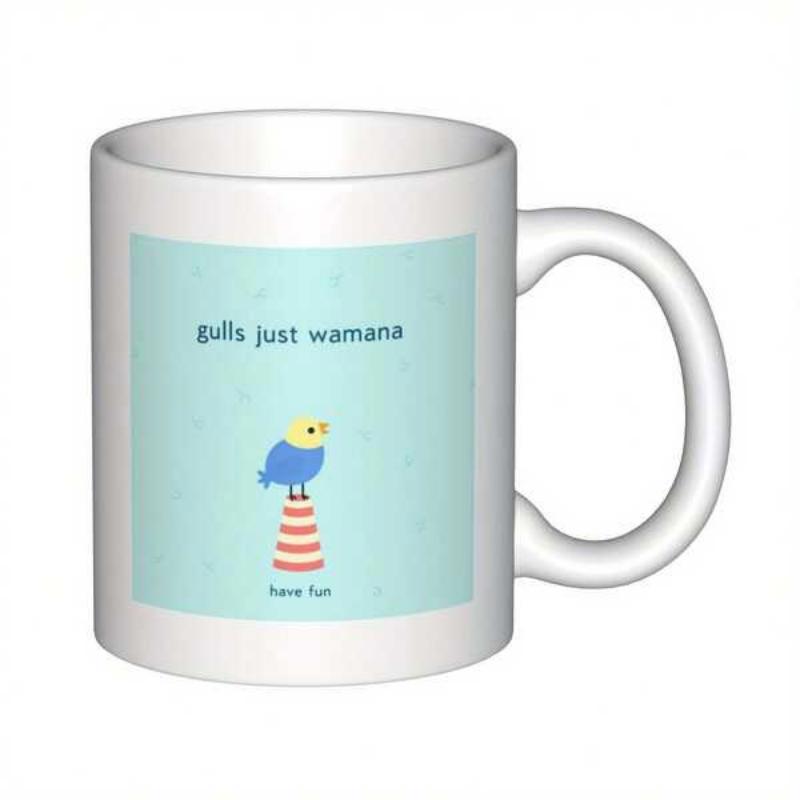 Tailorly White Ceramic 11 oz Mug - Gulls Just Wanna Have Fun Cute Stylized Blue Bird Standing On Striped Traffic Cone Bird