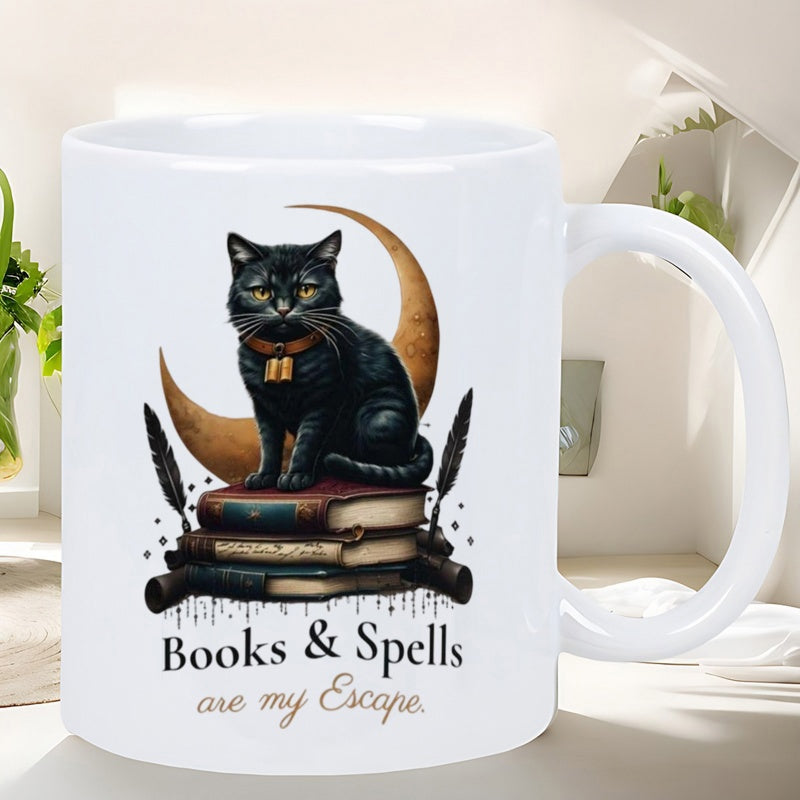 Tailorly White Ceramic 11 oz Mug - Books Spells Are My Escape Mysterious Black Cat Sitting On Vintage Books Under Golden Crescent Moon Cat