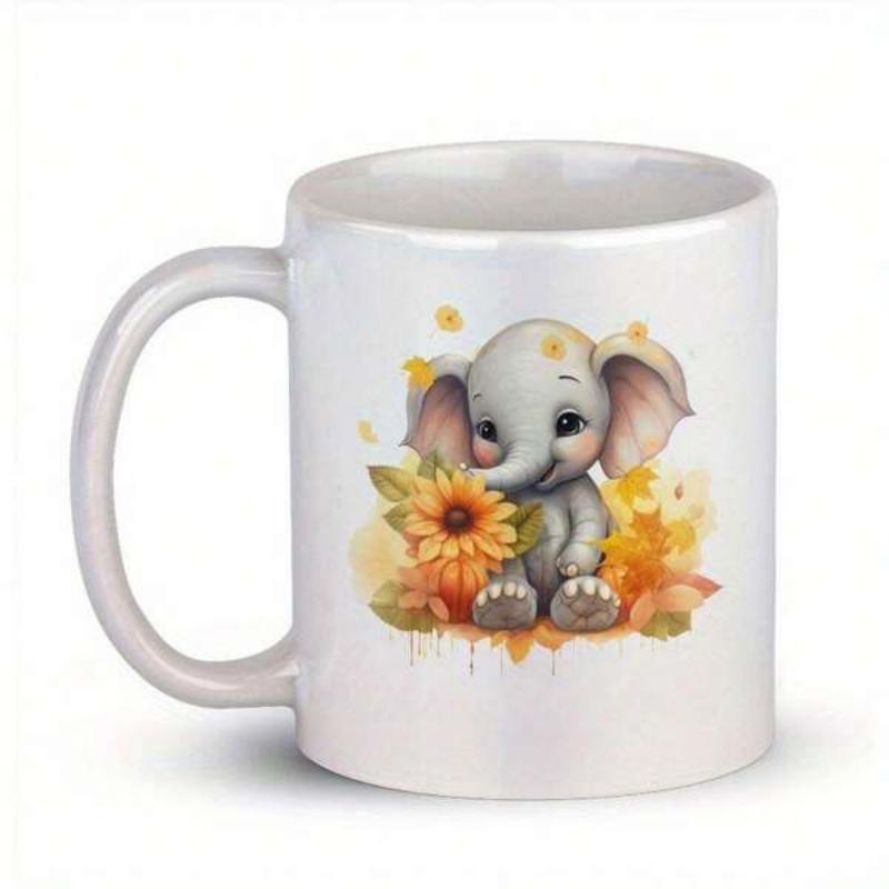 Tailorly White Ceramic 11 oz Mug - Soft Watercolor Style Sitting Among Autumn Leaves And Golden Sunflower Elephant
