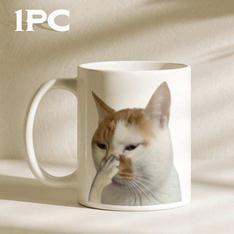 Tailorly White Ceramic 11 oz Mug - Funny Ginger And White Cat Covering Its Nose With Human Hand Cat