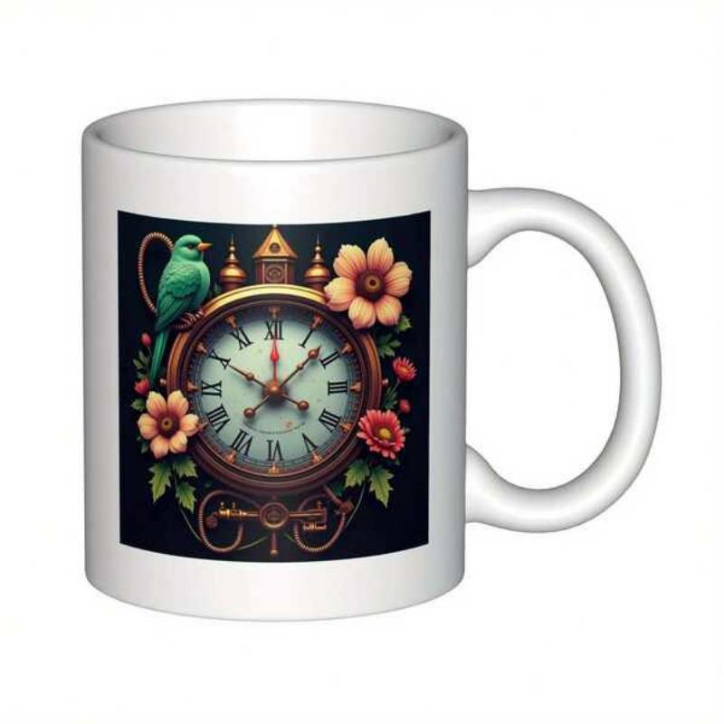 Tailorly White Ceramic 11 oz Mug - Vintage Antique Style Surrounded By Blooming Flowers And A Small Perching Bird Clock