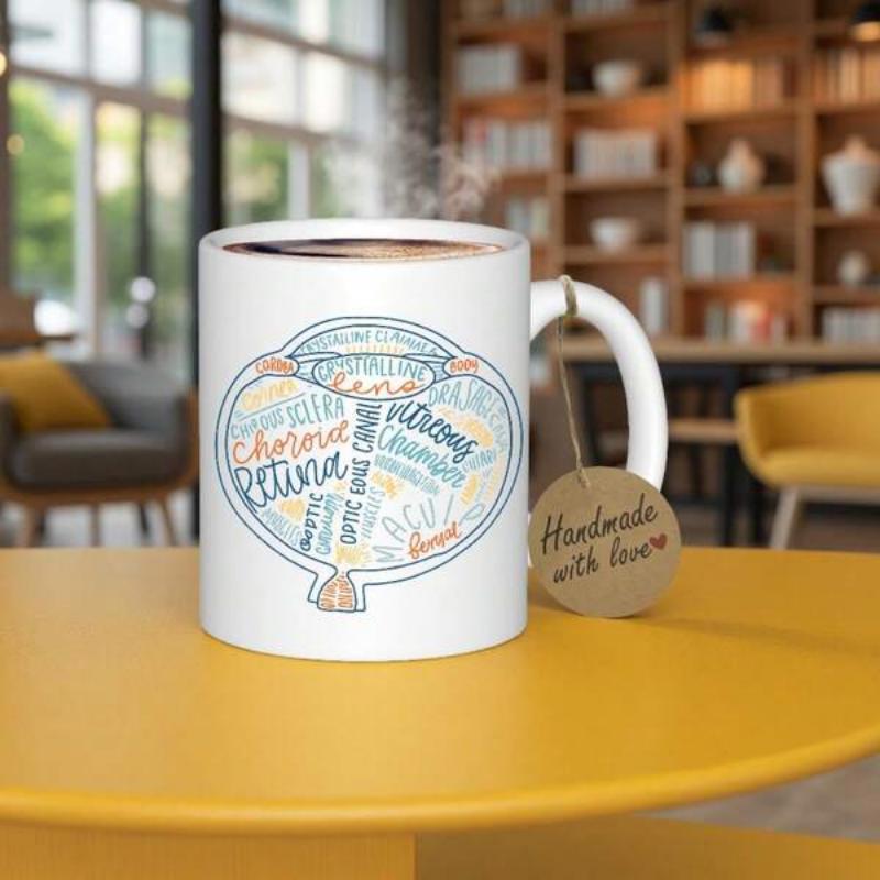 Tailorly White Ceramic 11 oz Mug - Cornea Retina Iris Lens Detailed Anatomical Diagram Showcasing Medical Terms Within A Stylized Human Eye