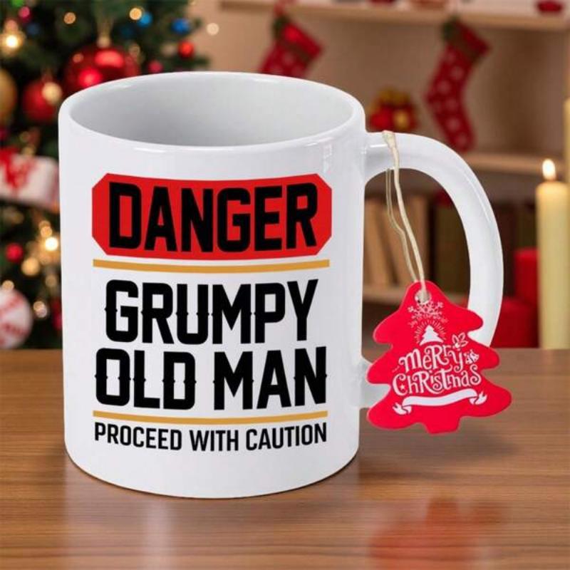 Tailorly White Ceramic 11 oz Mug - Danger Grumpy Old Man Proceed With Caution Industrial Warning Style With Bold Red Banner And Divider Lines Sign