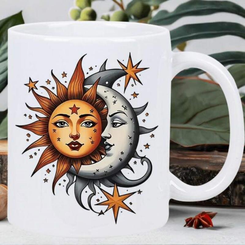Tailorly White Ceramic 11 oz Mug - Radiant Celestial Symbols Shining Among Glittering Stars In Harmonious Cosmic Sky Sun