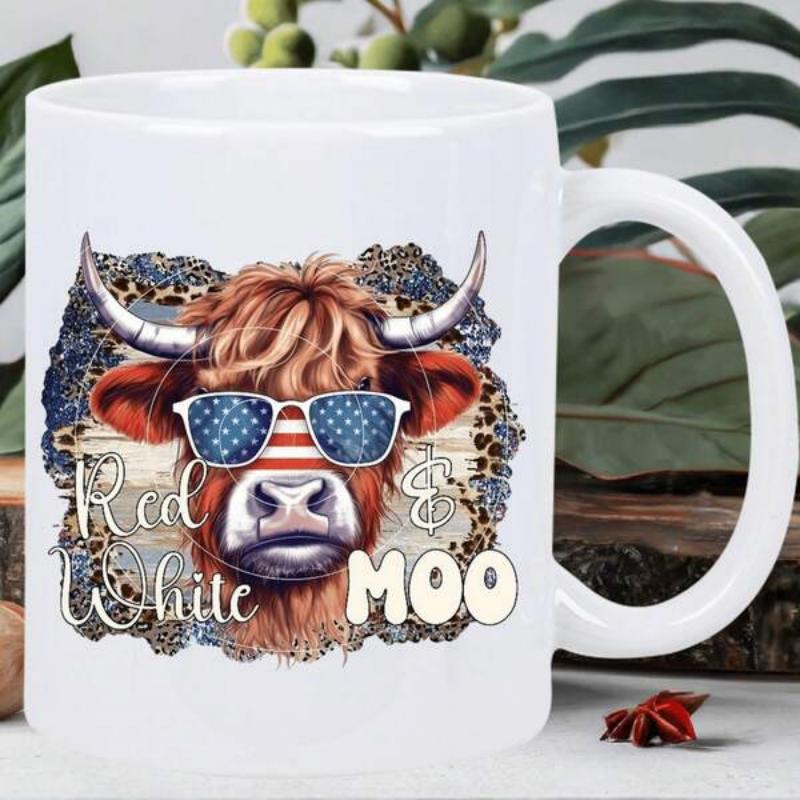 Tailorly White Ceramic 11 oz Mug - Red White Moo Rustic Shaggy Highland Cow Wearing Patriotic American Flag Sunglasses Cow