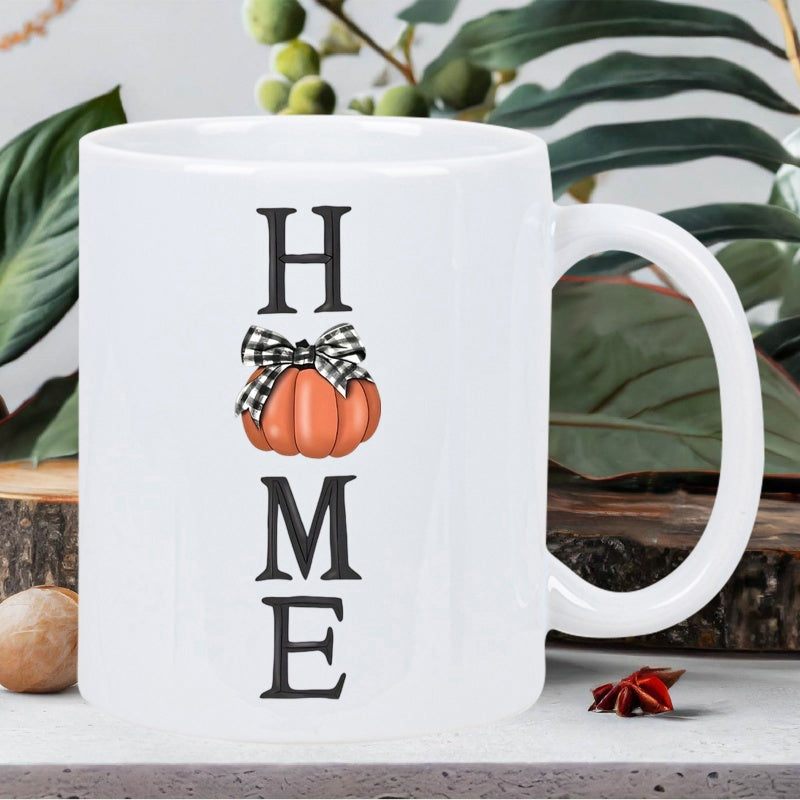 Tailorly White Ceramic 11 oz Mug - Home Small Orange Harvest Pumpkin Decorated With A Stylish Gingham Pattern Bow Pumpkin