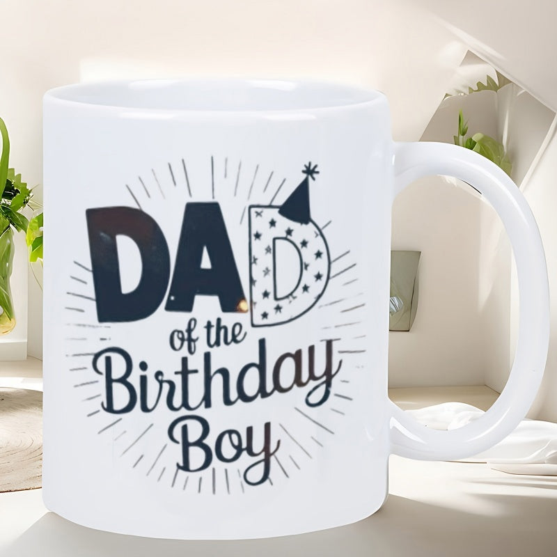 Tailorly White Ceramic 11 oz Mug - Dad Of The Birthday Boy Festive Radiating Sunburst Lines Decorated With A Playful Party Hat Design