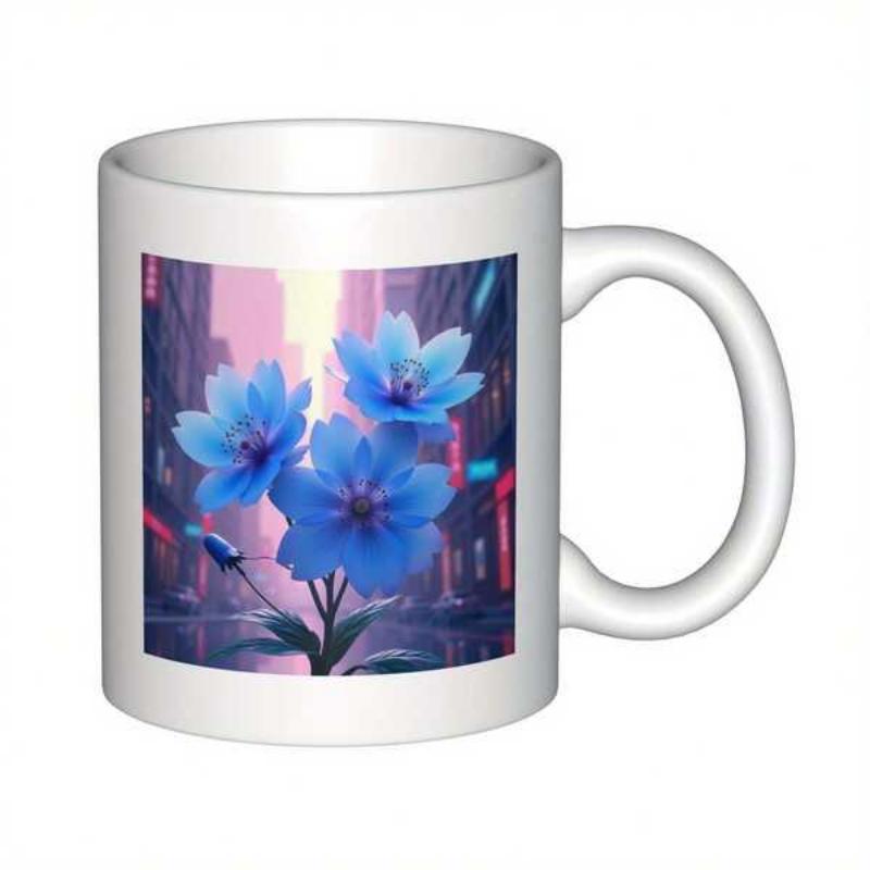 Tailorly White Ceramic 11 oz Mug - Glowing Blue Flowers Blooming Within A Neon Lit Cyberpunk City Street Flower