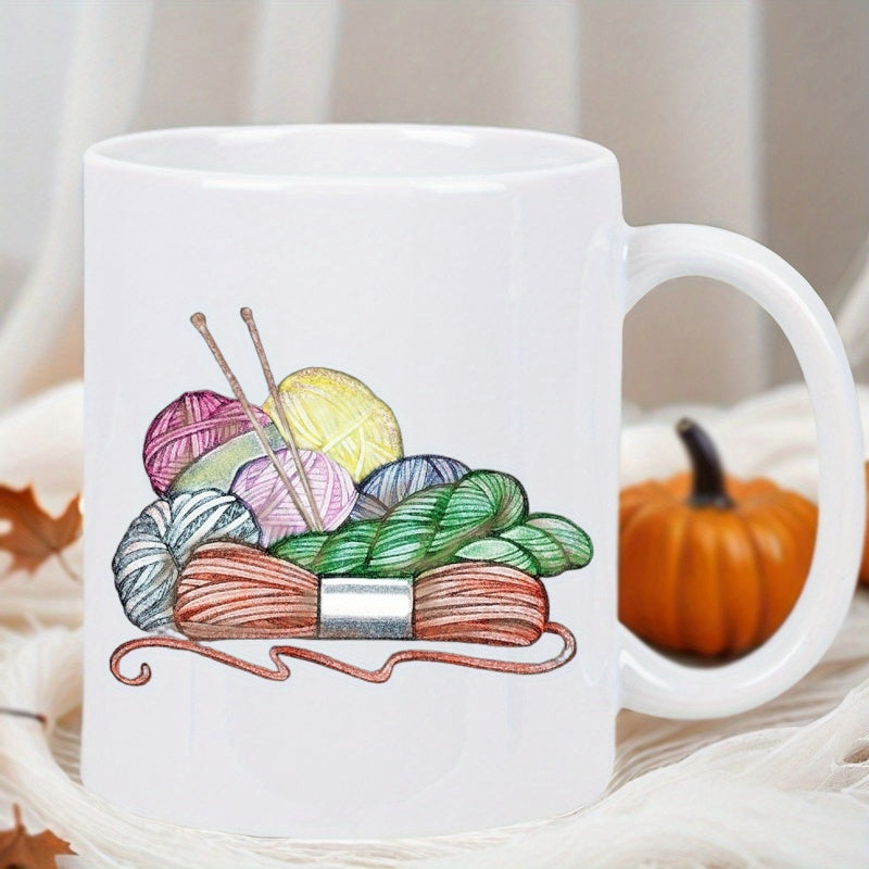 Tailorly White Ceramic 11 oz Mug - Colorful Soft Texture Skeins With Wooden Knitting Needles Artistic Yarn