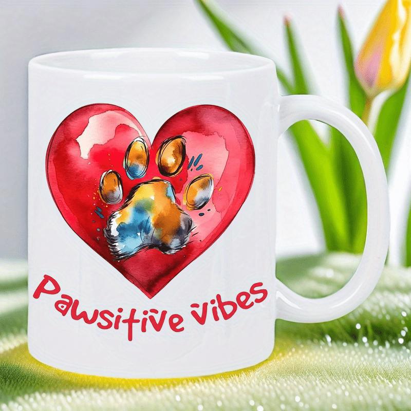 Tailorly White Ceramic 11 oz Mug - Pawsitive Vibes Vibrant Red Watercolor Heart With Artistic Multi Colored Animal Paw Print Heart