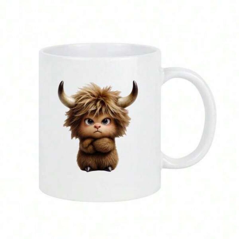 Tailorly White Ceramic 11 oz Mug - Adorable Grumpy Brown Shaggy Animal Standing With Crossed Arms Highland Cow
