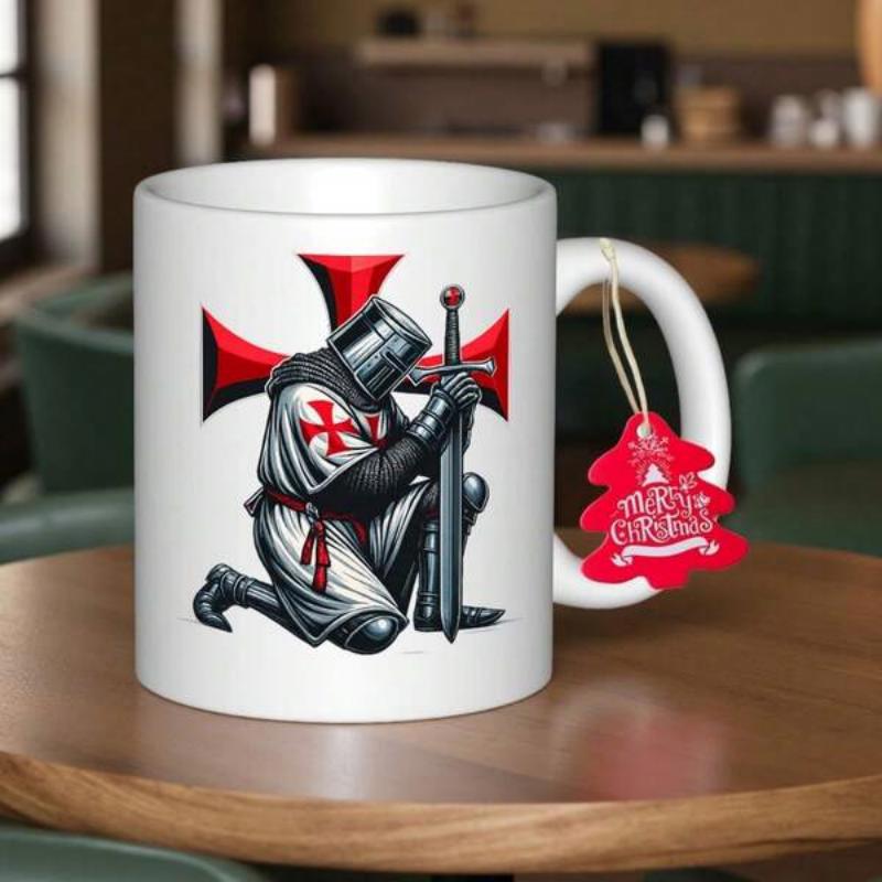 Tailorly White Ceramic 11 oz Mug - A Merry Christmas Courageous Kneeling Medieval Warrior Praying With Crimson Cross Behind Knight