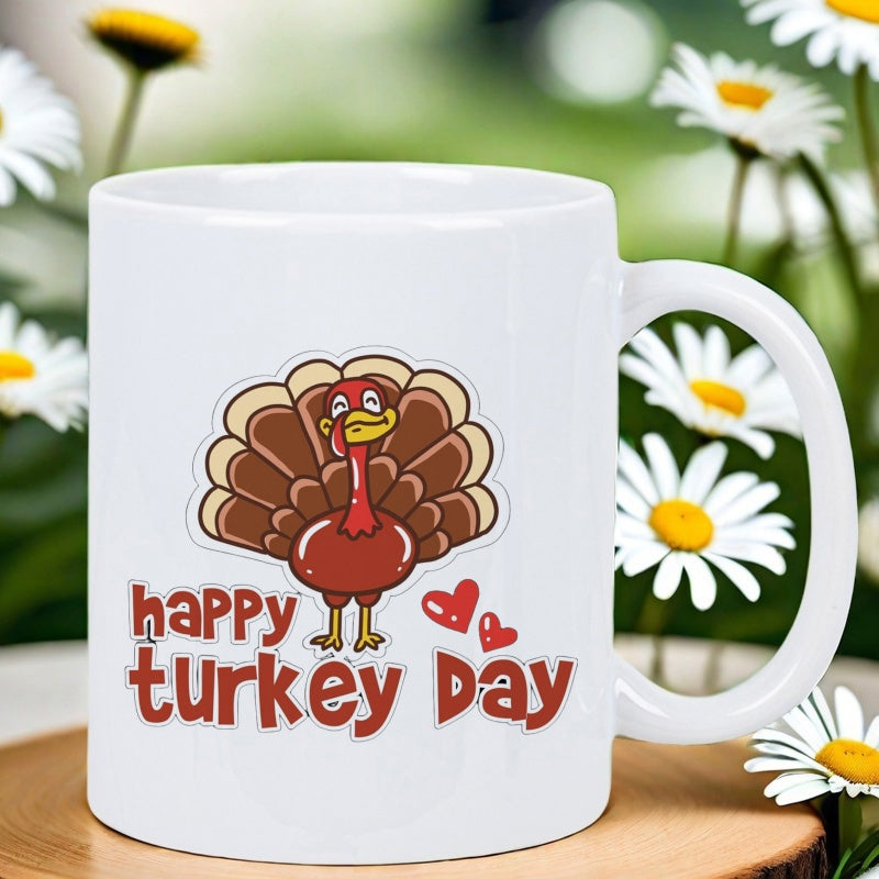 Tailorly White Ceramic 11 oz Mug - Happy Turkey Day Festive Cartoon Style Featuring Brown Feathers And Small Red Hearts Turkey