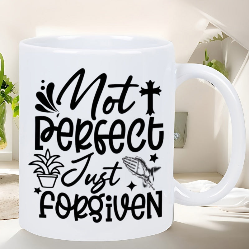 Tailorly White Ceramic 11 oz Mug - Not Perfect Just Forgiven Spiritual Christian Motifs With Praying Hands And A Symbolic Holy Cross