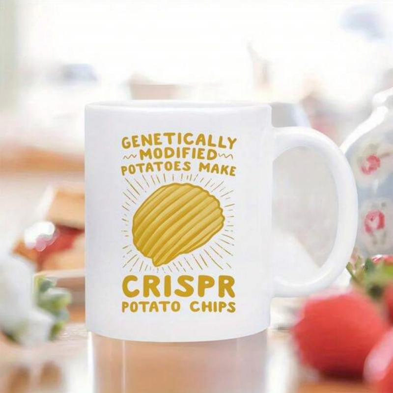 Tailorly White Ceramic 11 oz Mug - Genetically Modified Potatoes Make Crispr Potato Chips Artistic Golden Rippled Potato Snack Under Glowing Radial Light Lines