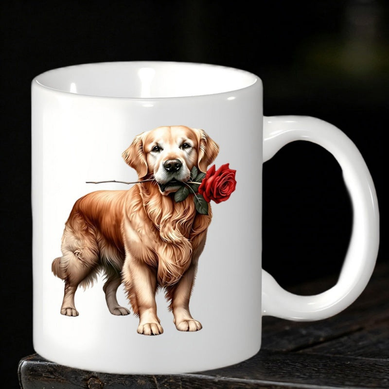 Tailorly White Ceramic 11 oz Mug - Standing Majestic Golden Retriever Holding A Single Vibrant Red Rose Golden Retriever