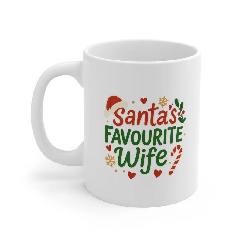 Tailorly White Ceramic 11 oz Mug - Santas Favourite Wife Festive Christmas Graphics With Sweet Candy Cane And Red Hearts Mug