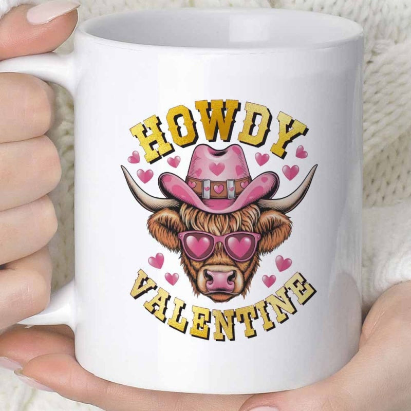 Tailorly White Ceramic 11 oz Mug - Howdy Valentine Pink Hat Highland Cow Wearing Heart Sunglasses Among Floating Hearts Cow