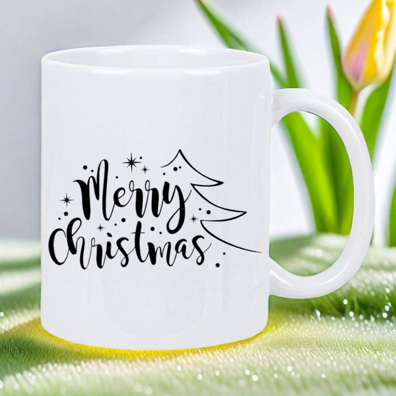 Tailorly White Ceramic 11 oz Mug - Merry Christmas Elegant Minimalist Line Art Featuring Sparkling Festive Stars Hand Drawn Christmas Tree