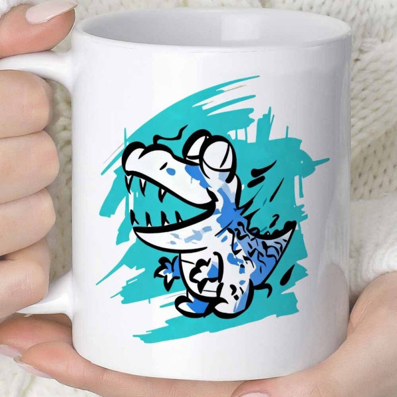 Tailorly White Ceramic 11 oz Mug - Artistic Blue Paint Splashes Featuring A Cartoon Sharp Toothed Small Fierce Crocodile