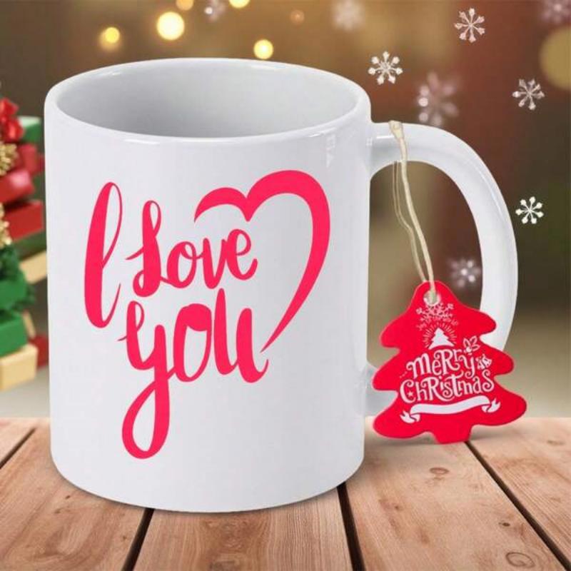 Tailorly White Ceramic 11 oz Mug - I Love You Elegant Artistic Red Script Heart On Pure