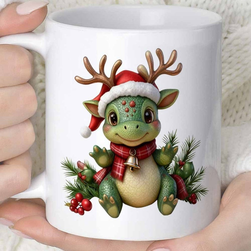 Tailorly White Ceramic 11 oz Mug - Adorable Little Green Dragon Wearing Santa Hat Among Festive Pine Branches Dragon