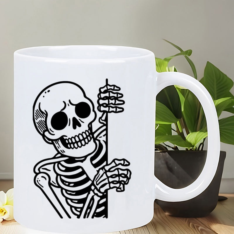 Tailorly White Ceramic 11 oz Mug - Hand Drawn Line Art Style Character Peeking From Behind Vertical Line Skeleton